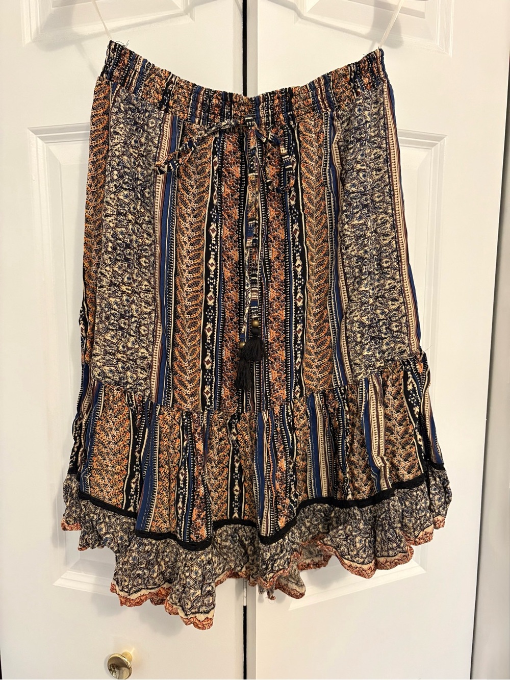 Boho Tiered Midi Skirt in Navy and Tan